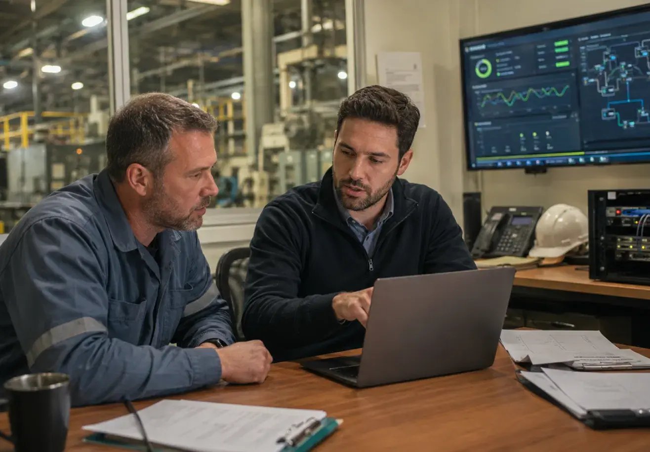 IT engineer and operations manager reviewing monitoring dashboards on the plant floor
