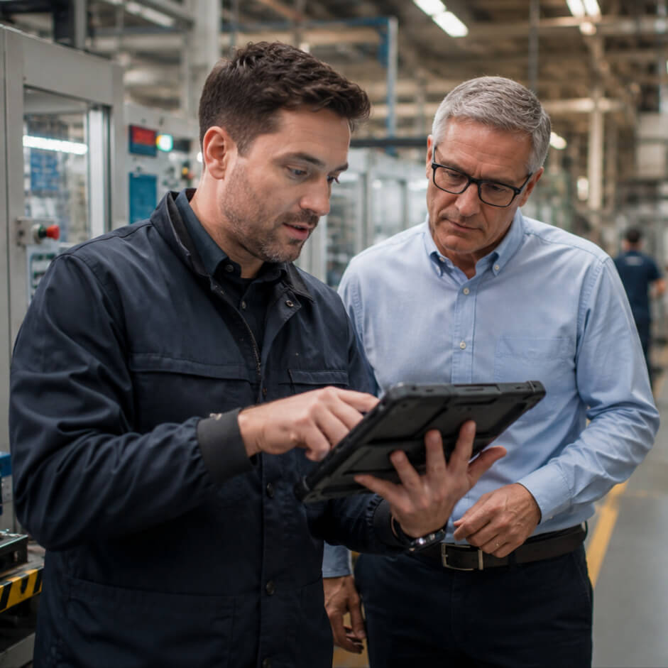 Two manufacturing employees reviewing plant floor data on a tablet