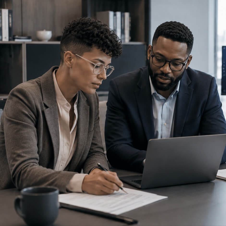 Two professionals reviewing client files on a laptop
